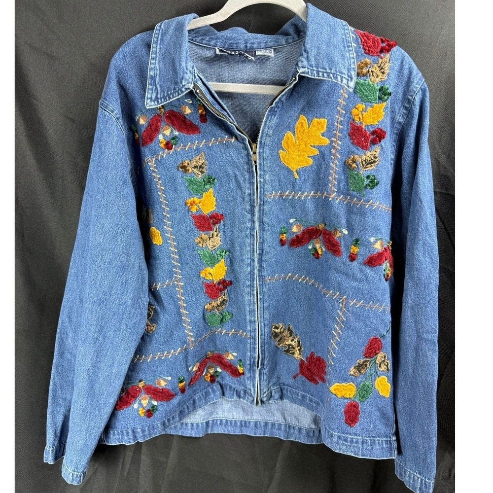 Vintage Sara Studio Women's‎ 3X Denim Jacket Fall Leaf Embroidered Zip Up